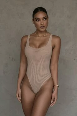 Beige Mesh Essentials Tank Bodysuit Undergarment
