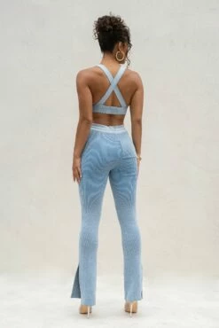Denim/White Faya Ribbed Pants -Jluxlabel Shop PRODUCT AUG222022 KNITS 26