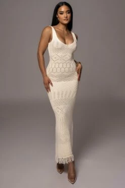 Cream Ballari Crochet Knit Maxi Dress