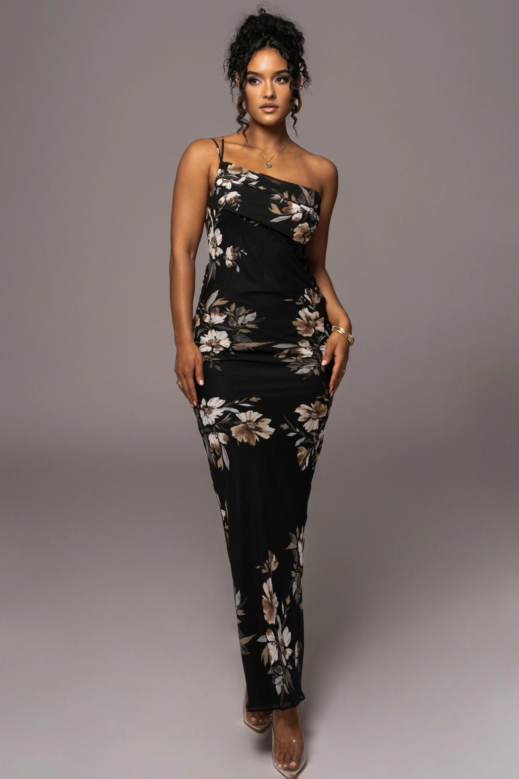 Grey Floral Treasure One Shoulder Dress 3 Grey Floral Treasure One Shoulder Dress