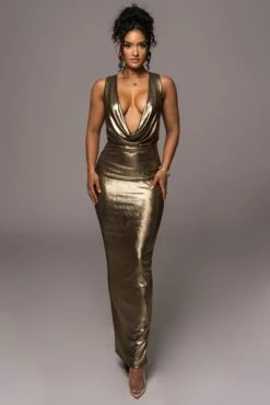 Gold Highlights Cowl Neck Maxi Dress