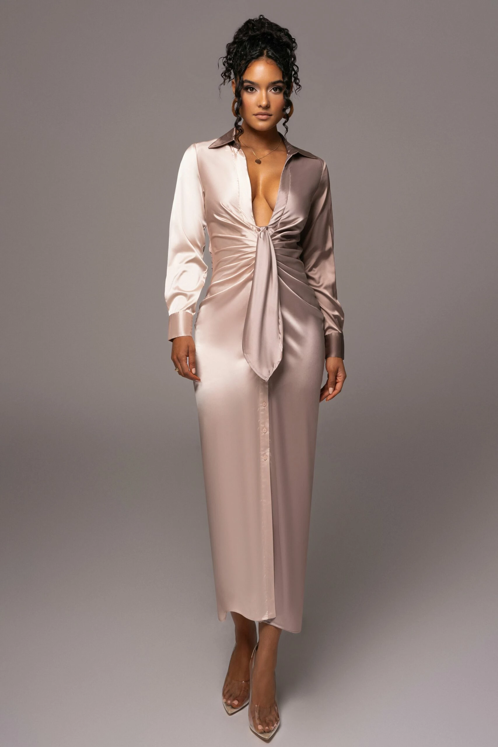 Taupe Color Block Satin Midi Dress 6 Taupe Color Block Satin Midi Dress - Image 4