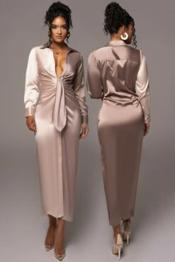 Taupe Color Block Satin Midi Dress