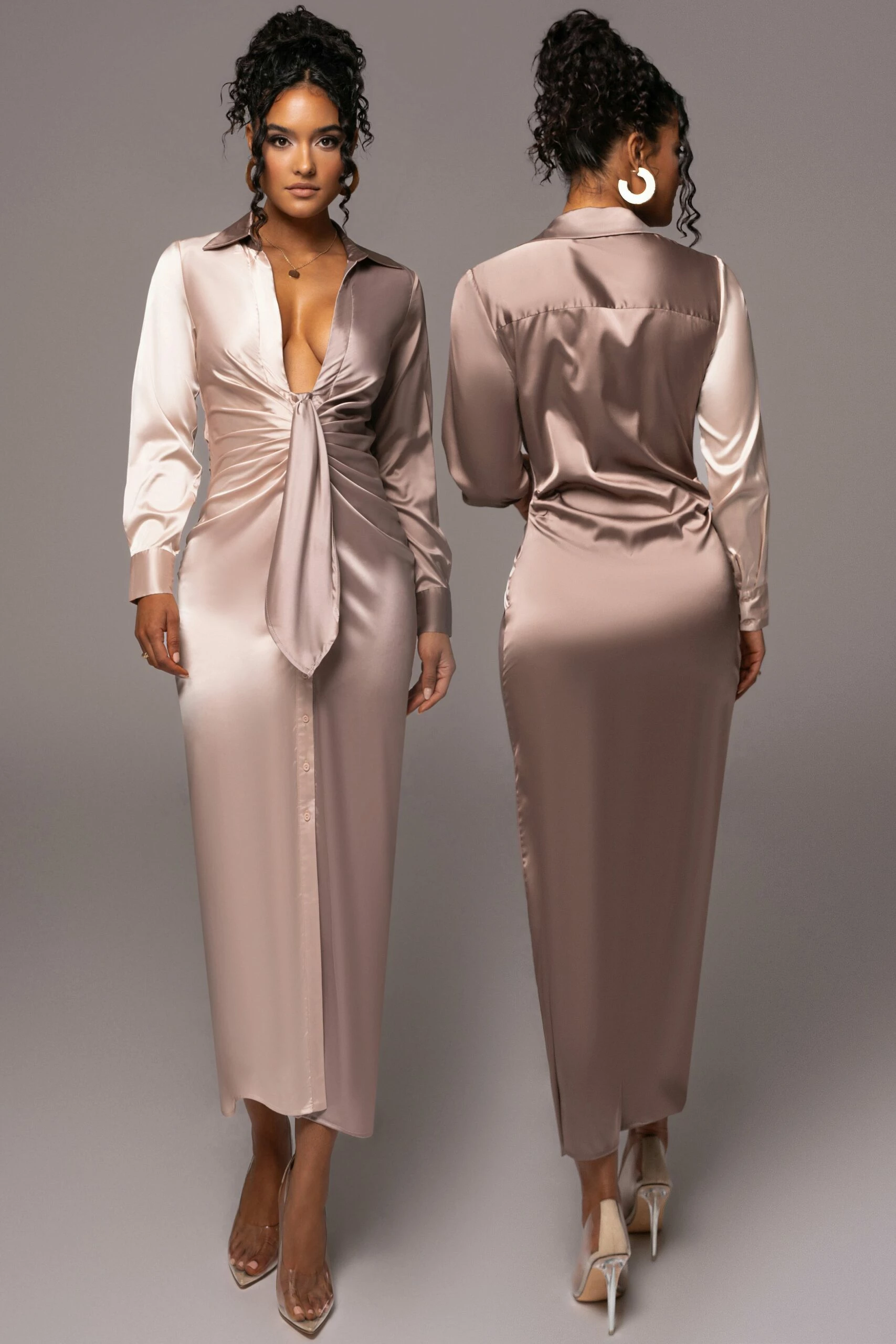 Taupe Color Block Satin Midi Dress 3 Taupe Color Block Satin Midi Dress