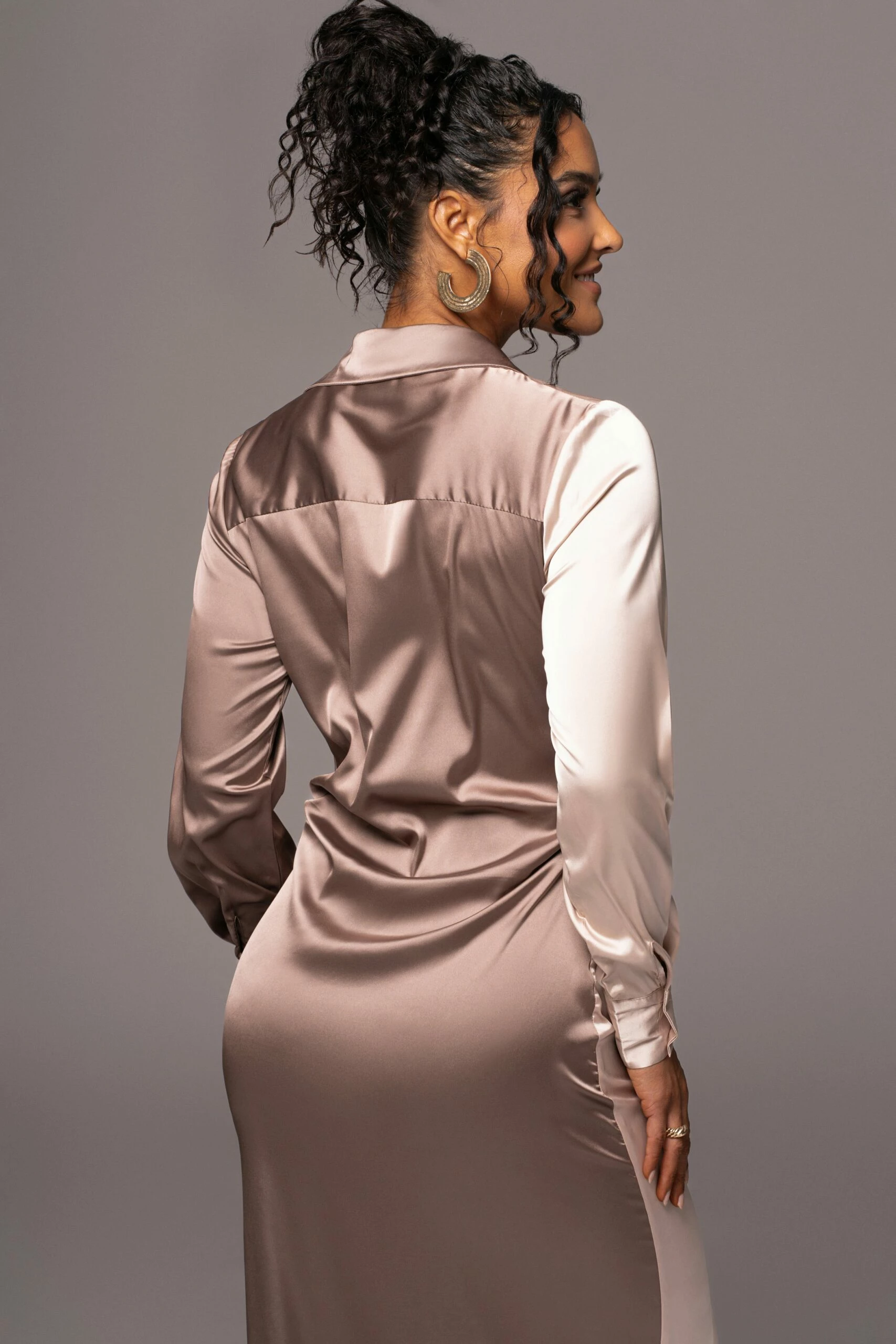 Taupe Color Block Satin Midi Dress 13 Taupe Color Block Satin Midi Dress - Image 11