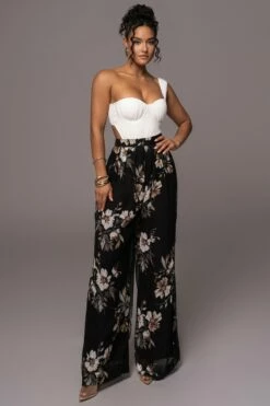 Grey Floral Josette Wide-Leg Pleated Pants