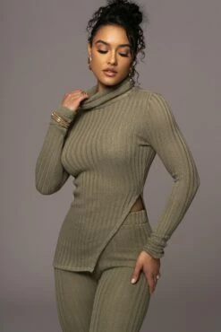 Olive One Call Away Ribbed Turtleneck Top