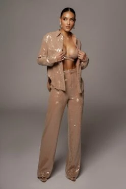 Tan Elowen Sequin Trousers -Jluxlabel Shop VDAY2021 PRODUCT 198 9ab215e4 5c1d 4c7d 97b7 20f20ffb16a5