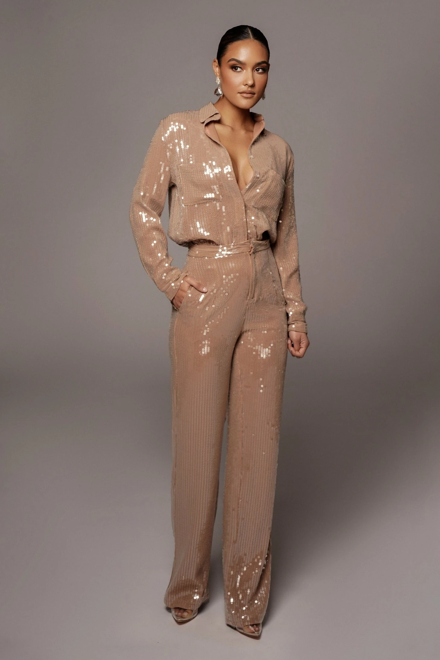 Tan Baguette Sequin Button Up 6 Tan Baguette Sequin Button Up - Image 4