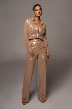 Tan Baguette Sequin Button Up 16 Tan Baguette Sequin Button Up -Jluxlabel Shop VDAY2021 PRODUCT 209